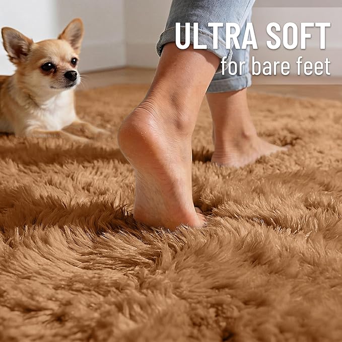 OLANLY Khaki Round Rugs for Bedroom - Machine Washable, 8 ft Circle Area Rugs for Living Room, Soft and Fluffy Shaggy Carpet for Teen Girl and Boys, Nursery Rooms, Dorms, Home Decor Aesthetic
