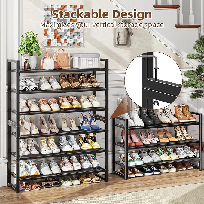 Simple Trending 3-Tier Expandable Shoe Rack, Adjustable & Stackable Shoe Organizer, Metal Mesh Free Standing Shoe Shelf Storage for Closet Entryway Doorway, Black