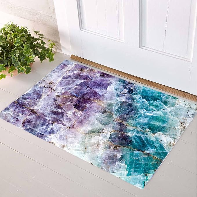 LB Purple Marble Bathroom Rug Abstract Geometric Non Slip Bath Mat Teal Crystal Mineral Doormat Memory Foam Super Absorbent Floor Mats,31.5x19.6 Inch