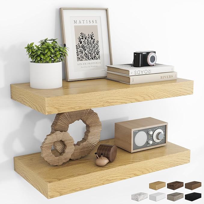 RICHFOCUS 20Inch Floating Shelves for Wall 2 Pack Shelves for Bedroom|Kitchen|Bathroom|Laundry Room Rustic Wood Wall Mounted Shelf with Invisible Brackets for Books|Storage|Decor, Oak