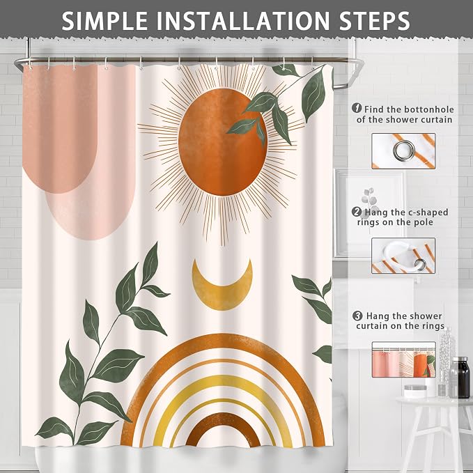 Mid Century Abstract Boho Aesthetic Shower Curtain Set, Green Nature Leaf Sun Modern Minimalist Home Bathroom Curtain Decor with 12 Hooks 72 Inch Wide * 84 Inch High