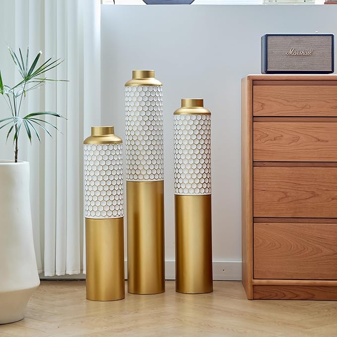 Metal Floor Vases Decorative, Set of 3 Flower Arrangement Stand, Gold＆White Hexagon Metal Floor Vases for Living Room, Bedroom & Entryway, 32.6", 28.34", 24" H (Gold＆White Hexagon)