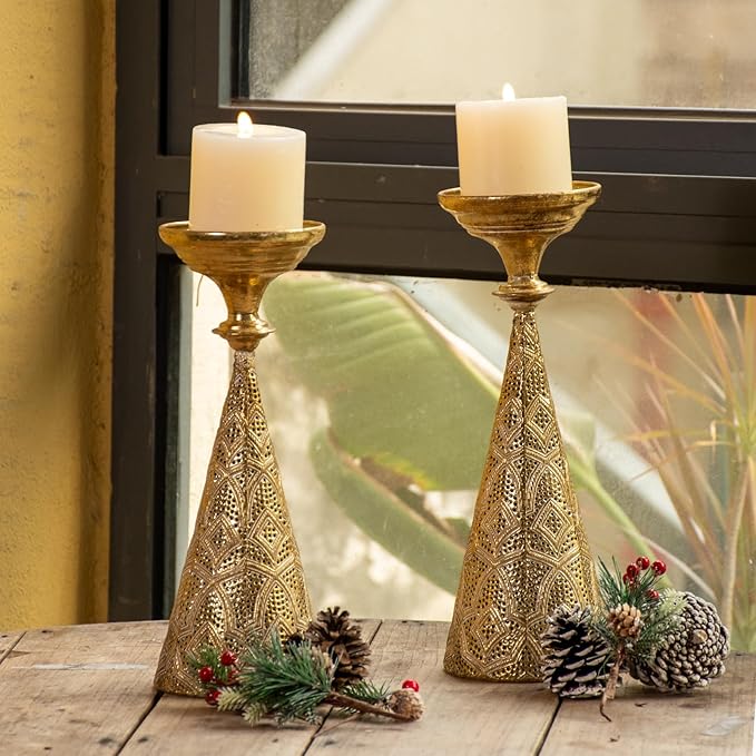 Farmhouse Gold Candle Holders for Pillar Candles, Metal Distressed Set of 2 Retro Flower Design Pillar Candle Stand Dual Use, Can be Vase Table Centerpiece Decor for Fireplace, Living, and Dining Room
