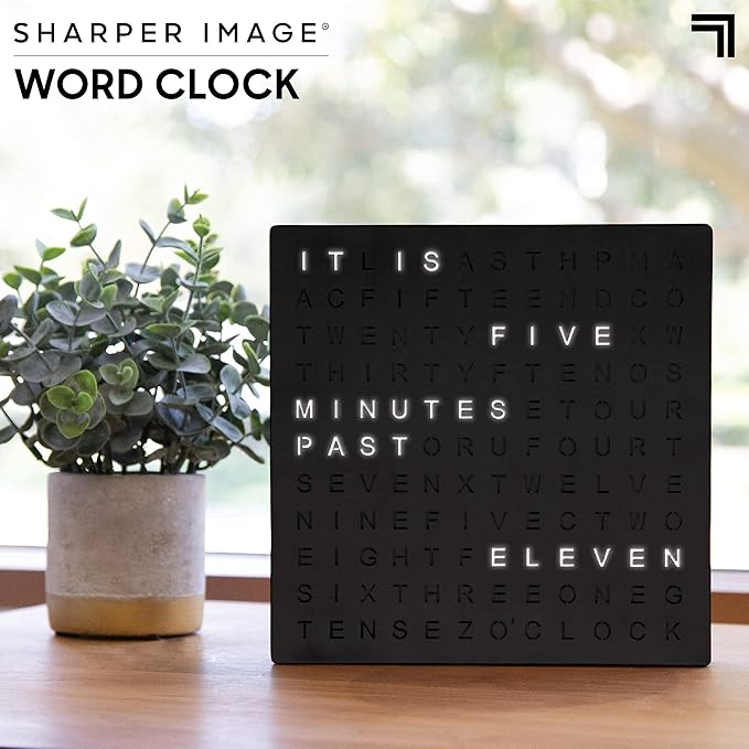 Sharper Image LED Word Digital Clock, 7.75", Black Finish, Light-Up Desk & Wall Clock, Modern Time Display, Shelf or Wall Decor for Home Office, Living Room, Kitchen & Bedroom, Housewarming Gift