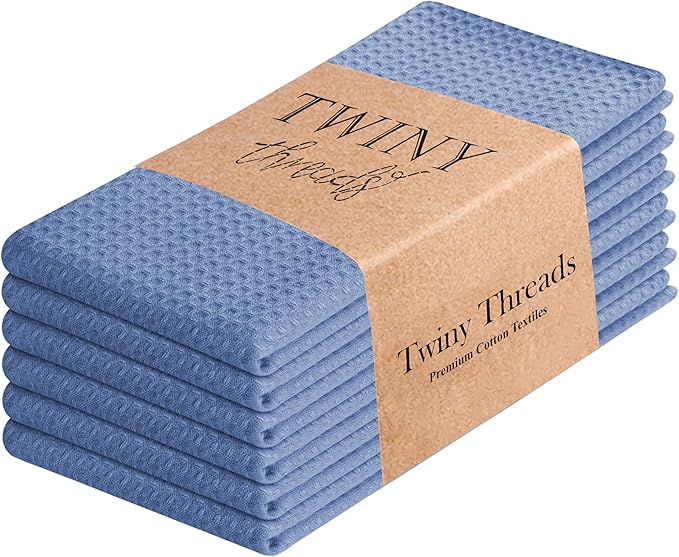 TWINY threads Blue Waffle Kitchen Towel 6 Pack, 16x26 Inch, Premium 100% Cotton Kitchen Linen Set, Absorbent Dish Cloths for Cleaning, Drying Dishes, Machine Washable, Durable, Quick Dry, Sky Blue