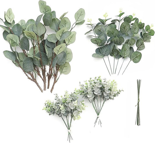 Floroom 3 Kinds of Artificial Silver Dollar Eucalyptus Stems Faux Greenery Spray, 19pcs Best Filler Fake Plants for DIY Bouquet Wedding Centerpieces
