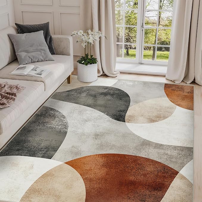 5x7 Boho Area Rug Brown Tan Beige Black White Bedroom Rug Soft Low Pile Thin Large Carpet Living Room Non Slip Dining Room Stain Resistant Office Washable Machine