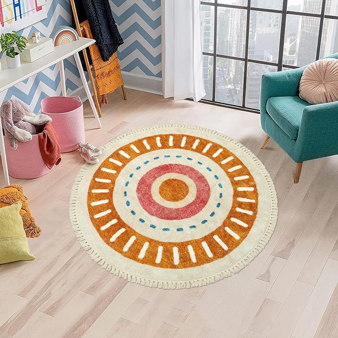 Lukinbox Boho Round Rug -3Ft Sun Washable Bedroom Rugs, Ultra Soft Non-Slip Circle Area Rugs for Living Room, Colorful Circular Rainbow Bathroom Rug for Kids Playroom Nursery Room Chair