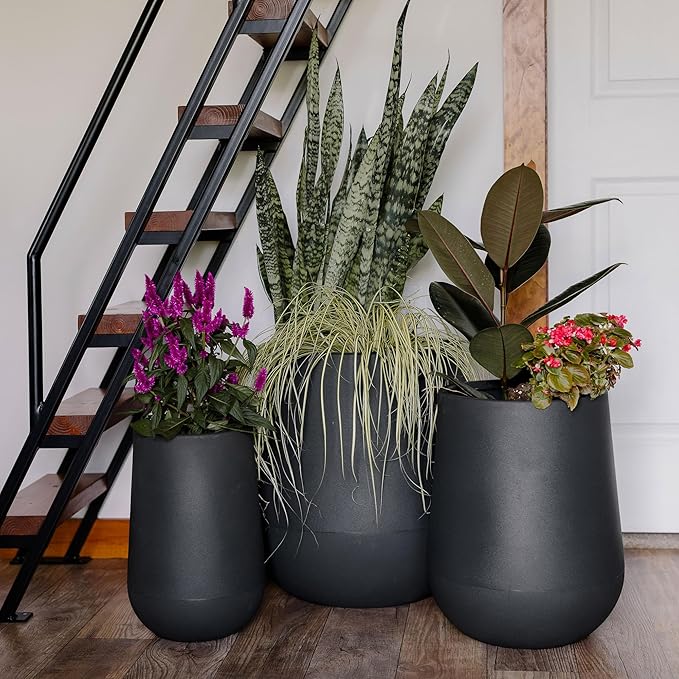 Beuta Large Planters for Outdoor Plants - Set of 3, 15.5/18/20.5 Inches Outdoor Planters for Porch - Tall Planter for Outdoor & Indoor Plants | Large Indoor Plant Pot - USA Made - Black