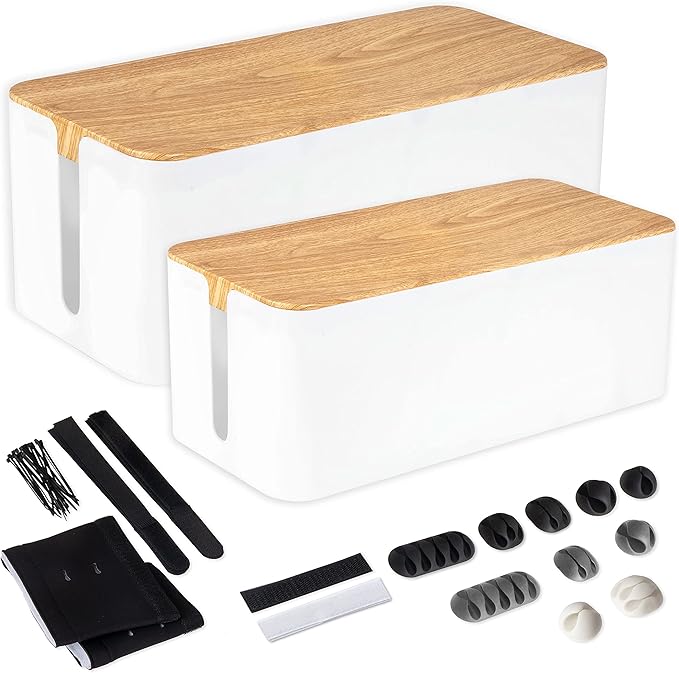 Iron Forge Cable Cable Management Box, 2 Pack - White Cord Organizer with Wood Top - Hider for Wires, Power Strips, Surge Protectors & More - Includes Accessories