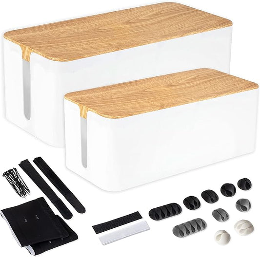 Iron Forge Cable Cable Management Box, 2 Pack - White Cord Organizer with Wood Top - Hider for Wires, Power Strips, Surge Protectors & More - Includes Accessories