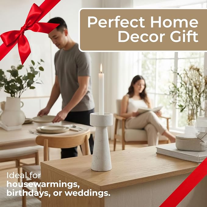 Pottery Candle Holder – Table Decor for Candlesticks Holders and Pillar Candles, Dining or Living Room Placement, Modern Taper Candle Holders Design Home Decor Accent – 10", White