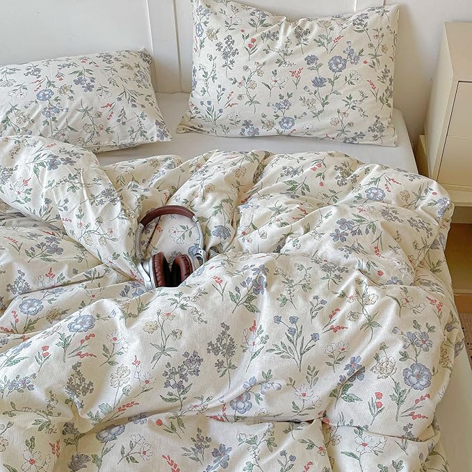 EAVD Vintage Style Floral Duvet Cover Queen Soft 100% Cotton Chic Shabby Garden Floral Bedding Set with 2 Pillowcases Fresh Cottagecore Botanical Comforter Cover with Zipper Closure