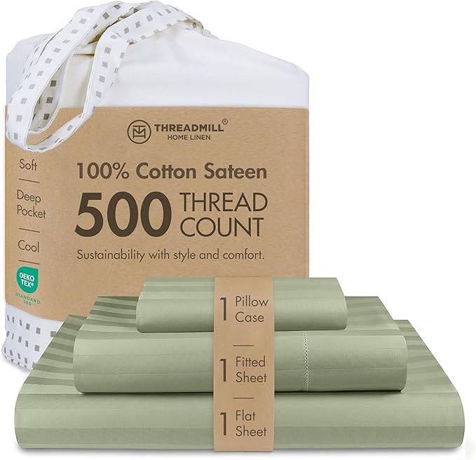 Threadmill 500 Thread Count Twin Size Damask Stripe, 3 Pc Luxury Cotton Sheet Set, Breathable & Silky Soft Sage Green Sheets with 15" Elasticized Deep Pocket, 1 Pillowcase & Free Tote Bag