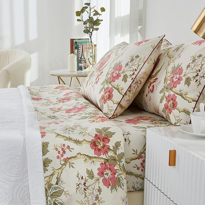 Brandream King Size Sheets Set Floral Bedding Chinoiserie Blossom Farmhouse Luxury Grandmillennial Bedding Collections 100% Egyptian Cotton Deep Pocket, 4 Pieces - Asian Style Botanical Tree Branches