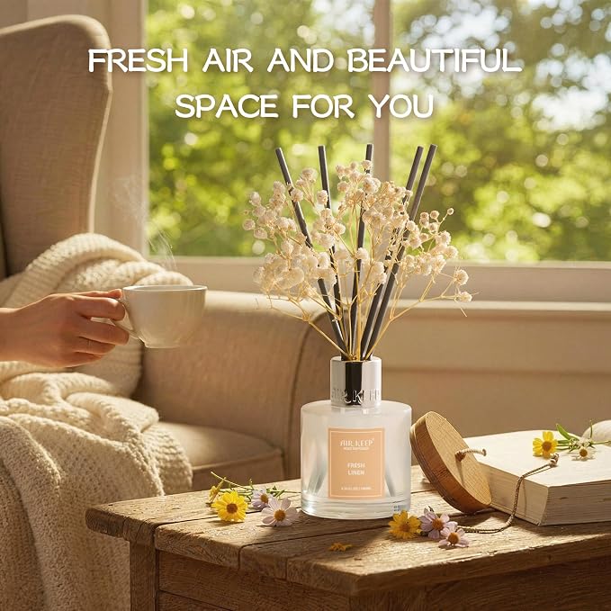 Airkeep Reed Diffuser Set,3.38 fl oz (100 ml) - Fresh Linen Oil Diffusers with 8 Reed Sticks, Home Fragrance Reed Diffuser for Bathroom Shelf Decor