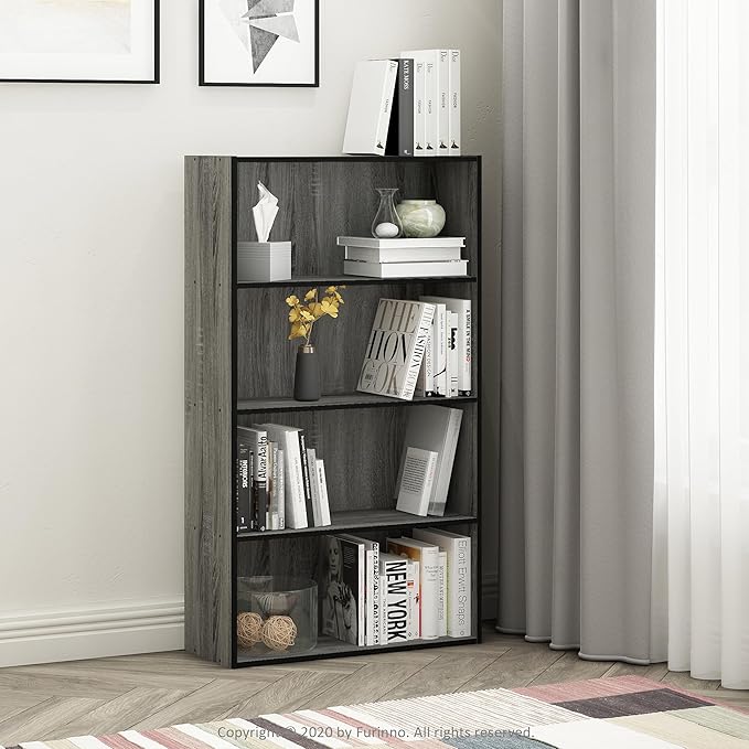Furinno PASIR Book Shelf, 4-Tier Bookshelf, Bookcase with Open Shelf, 9.4 x 23.6 x 41.7, for Living Room, Bedroom, Home Office, French Oak