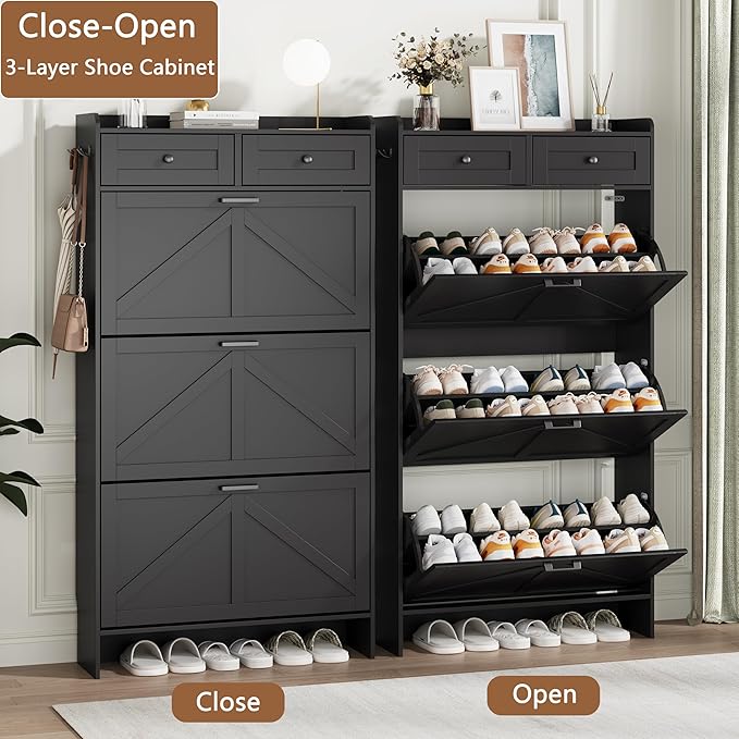 Shoe Cabinet with 3 Flip Drawers & 2 Top Drawers, 57" Tall Freestanding Narrow Wooden Shoe Storage Organizer for Entryway, Hidden Slim Shoe Rack for Front Door Entrance, Hallway, Living Room, Black
