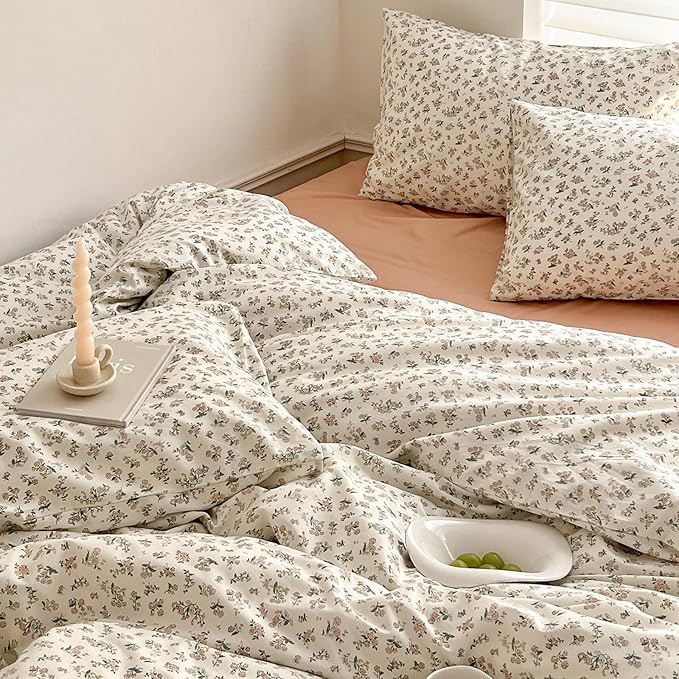 Aesthetic Floral Duvet Cover Full Breathable Soft 100% Cotton Floral Comforter Cover Vintage French Style Duvet Cover Girls Cottagecore Bedding Set Botanical Flower Comforter Cover with 2 Pillowcases