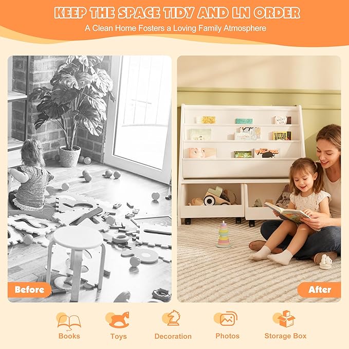 NACHES Kids Bookshelf,Toddler Bookcase Toy Bin with 1 Drawer 3 Sling Pockets –Children Bookshelf with Storage for Bedroom,Nursery or Playroom FSC Wood,Trapezoid 35" W, White (1 Movable Drawer)