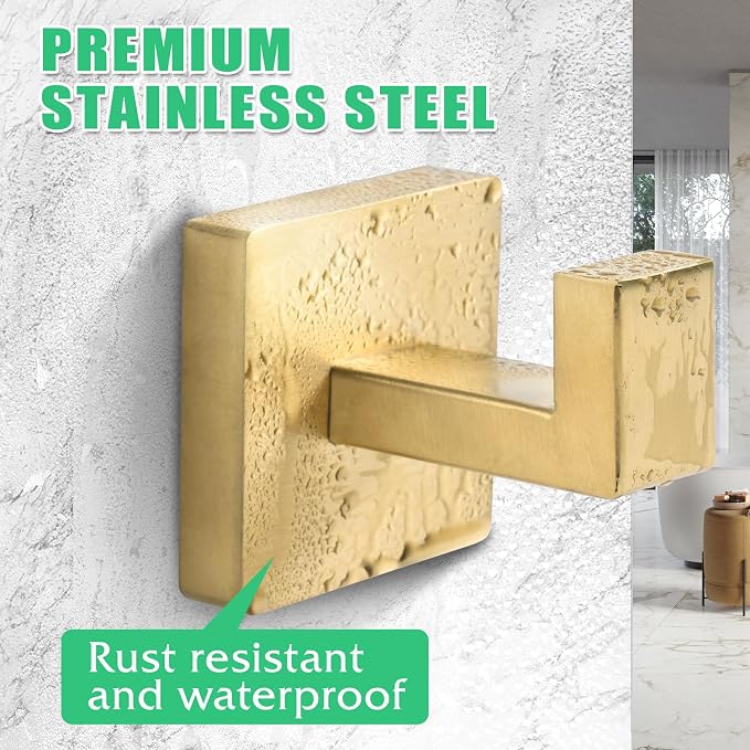 Heavy Duty Stainless Steel Towel Hooks, Wall Mounted Square Robe Hooks for Bathroom, Kitchen, Bedroom, Hotel Brushed Gold 2 Pack