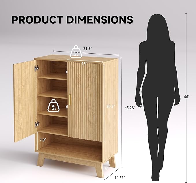 BOXACTION 4-Tier Fluted Shoe Cabinet with 2 Doors & Open Shelf, Mid Century Modern Shoe Storage Organizer with Adjustable Shelves, Metal Handles & Wood Legs, Hidden Shoe Rack for Entryway, Hallway