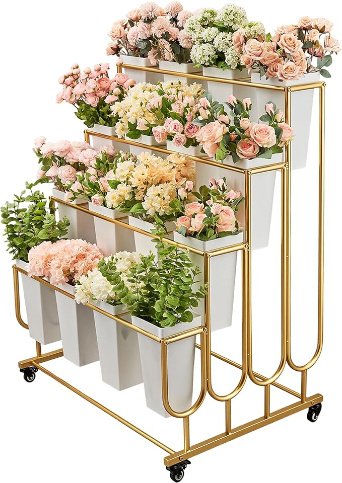 Flower Display Stand Frame, 4-Tier Flower Cart with Wheels, Metal Floral Display Rack , Moving Florist Bouquet Shelf for Shop ,Flower Bar, Events (Gold - 4 Tier) ,Without Flower Buckets