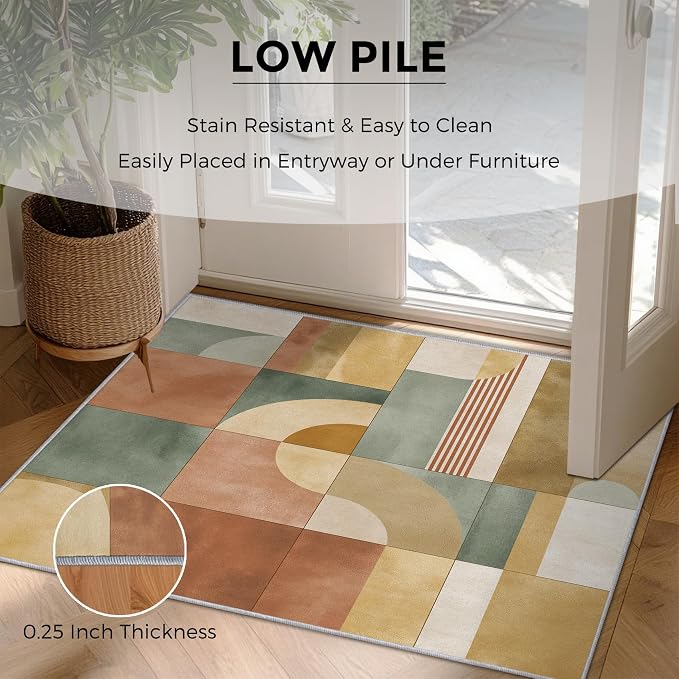 2x3 Mid Century Modern Throw Rugs for Entryway, Washable Abstract Geometric Pattern Indoor Door Mat, Bedroom Kitchen Entrance, Non Slip Soft Thin, Mid Century Decor Small Area Rug PF-P 117