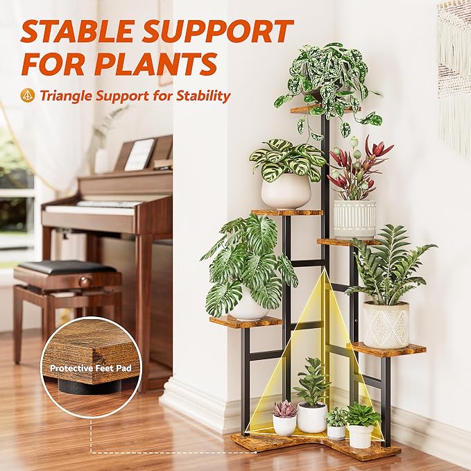 5 Tier Corner Plant Stand Indoor Wood, Metal Plant Shelf Outdoor, Tall Plant Stands Plant Tables Indoor Plant Rack Tiered Plant Stand Garden Accessories for Balcony Patio -BlackSquare