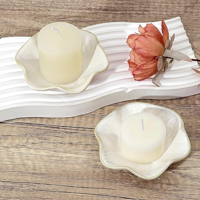 Koythin 2-Piece Ceramic Candle Holder, Aesthetics Candlestick Holders for Tea Lights, Lotus Leaf Shape Candle Stand for Mantle Table, Adorable Vintage Decor for Weddings Dining (Milky White)