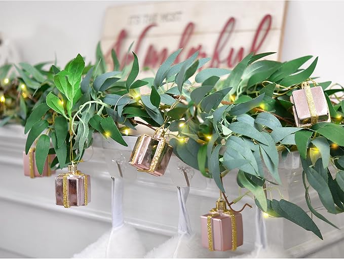 Artificial Willow Garland with USB Fairy String Lights & Pink Gift Box Ornaments – 2-Pack Lighted Greenery Vine, with Remote for Mantels, Weddings, Fireplace, Holidays, Parties & Everyday Home Decor