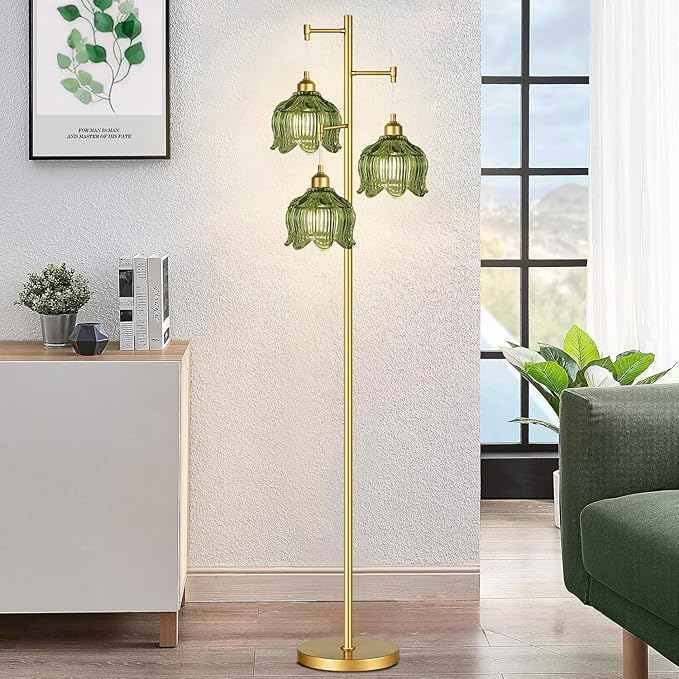 QIYIZM Gold Floor Lamp for Living Room,Bedroom,Mid Century Modern Standing Lamp Brass Tree 3 Light Tall Floor Lamps Vintage Retro Floor Lights Glass Green Flower Lamp Shade Farmhouse Boho Bohemian