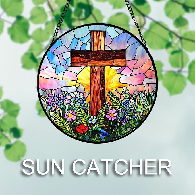 Christian Gifts for Women - Cross Stained Glass Window Hanging Jesus Easter Colorful Wildflowers Sun Catcher Garden Religion Decor Mother's Day Catholic Gift for Men Grandma Mom Her 6.3"