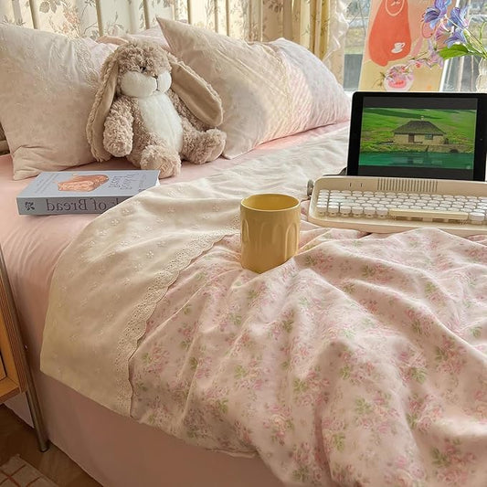LifeTB Pink Floral Duvet Cover Twin XL Romantic Lace Bedding Set Garden Style Cottagecore Flower Duvet Cover with Zipper Closure Soft Washed Microfiber Botanical Comforter Cover for Teen Girls