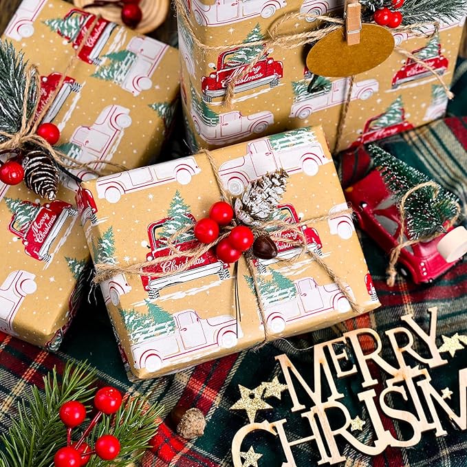 MAYPLUSS Kraft Christmas Wrapping Paper Roll - 17 Inch X 33 Feet - Recyclable Red Vintage Truck with Pine Trees Kraft Festive Winter Gift Wrap Paper Sheet for Christmas, Holiday, Party Decor, New Year