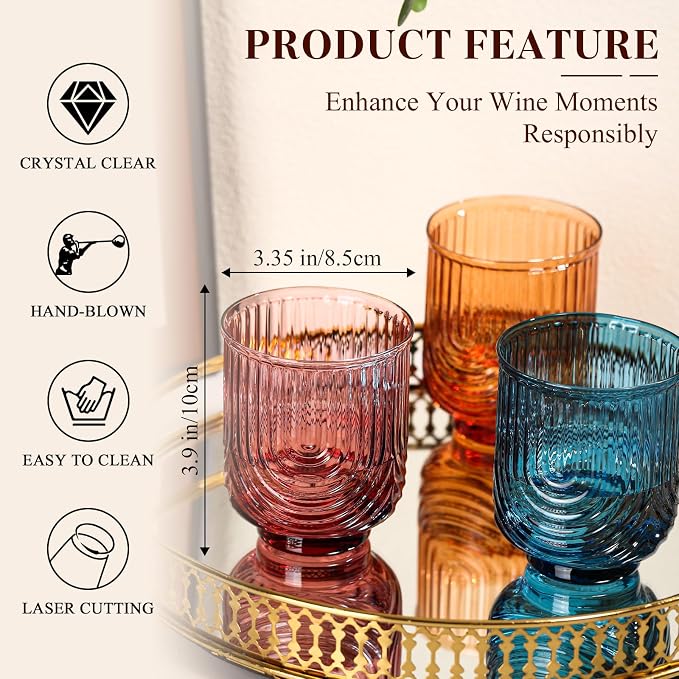 Colored Vintage Drinking Glasses Set of 6-15oz Hand-Blown Highball Ribbed Glassware, Arch Design Cocktail Glasses for Whiskey Water Beverages Ice Coffee Juice Milk