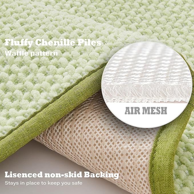 Douceur Chenille Waffle mat with Patented noslip Backing, Acrylic Blend Chenille Absorbent Bathroom Rugs, Cushioned mesh Backed Bath Rug Machine Washable, 18" x 32", Green