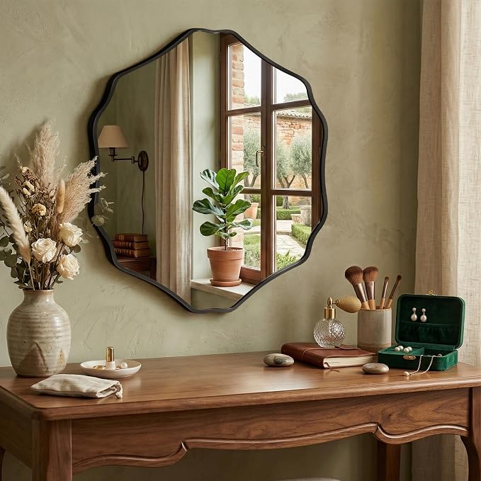 Irregular Hexagon Wall Mirror with Wavy Edge, Modern Decorative Mirror for Bathroom, Bedroom, Living Room, Frameless Vanity Mirror
