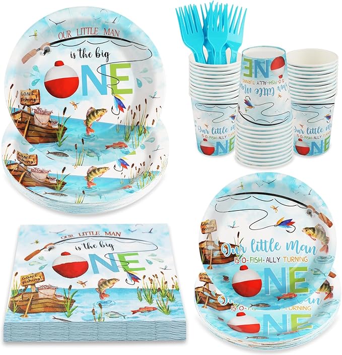 120 PCS Ofishally One Birthday Party Decorations, Ofishally One Paper Plates, Napkins Cups and Forks Tableware Set, Fishing Party Decor Supplies for 1st Fish Birthday Christmas Parties, Serves 24