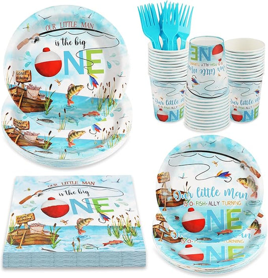 120 PCS Ofishally One Birthday Party Decorations, Ofishally One Paper Plates, Napkins Cups and Forks Tableware Set, Fishing Party Decor Supplies for 1st Fish Birthday Christmas Parties, Serves 24