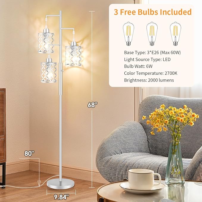 Dimmable Floor Lamp, Farmhouse Standing Lamp with Elegant Metal Cages, Industrial Tall Tree Floor Lamps for Living Room, Bedroom, Study Room, Office, 2000LM LED Bulbs Included -68", Silver