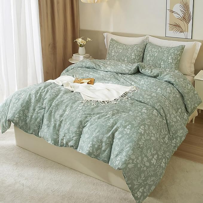 HighBuy Full Size Comforter Set for Girls Cozy Soft Sage Green Full Bedding Comforter Floral Boho Comforter Set 3 Piece Kids Girls Bedding Fluffy Comforter Lightweight with 2 Pillowcases