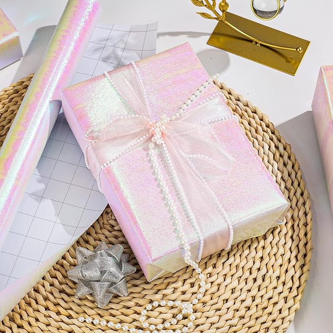 Yarcony Pink Holographic Wrapping Paper - 17Inch X 32.8Feet - Shiny Pink Iridescent Sparkle Wrapping Paper Embossed Gift Wrap Present for Birthday Wedding Bridal Shower Valentine's Day Mother's Day