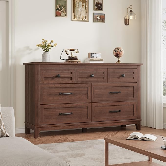 GarveeHome 7 Dresser for Bedroom, 54 in Wide Drawer Dresser with Storage Freestanding, Wooden Closet Storage Chest for Living Room, Bedroom, Entryway, Walunt