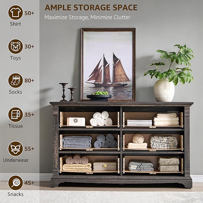 Farmhouse 6 Drawers Dresser for Bedroom, 54" Wide Large Dressers & Chests of Drawers w/Roman Column, Wooden Dresser TV Stand with Large Drawers for Nursery Bedroom Living Room Hallway,Dark Rustic Oak