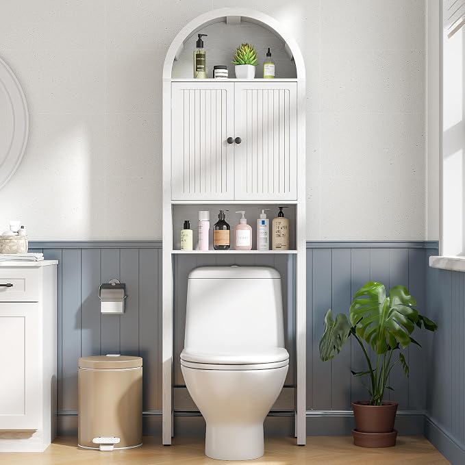 White Over The Toilet Storage Cabinet with Fluted Doors, 4 Tier Small Bathroom Shelf Organizer, Arched Bathroom Cabinet with Adjustable Shelf, Narrow Slim Toilet Rack, Anti-Tipping Device, Wood