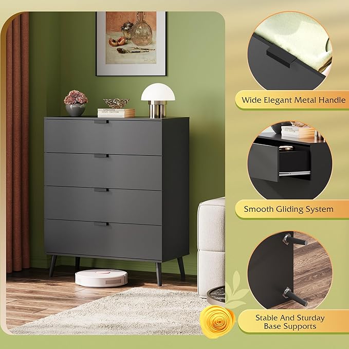 WLIVE 4 Drawer Dresser for Bedroom, Wooden Black Tall Dresser, Modern Dressers with Sturdy Metal Handle, Small Chest of Drawers for Living Room, Hallway