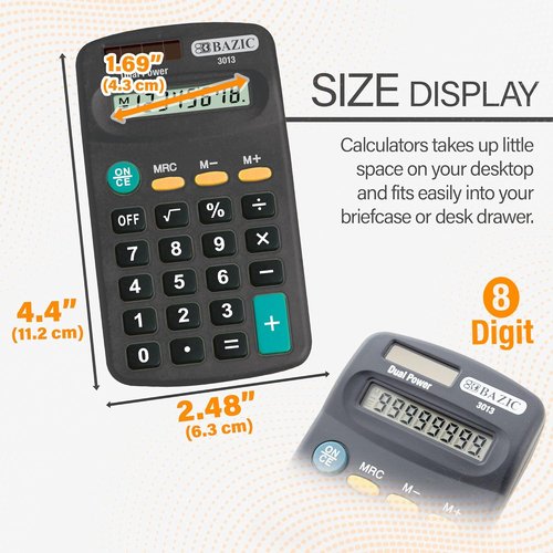 BAZIC Products 8-Digit Pocket Calculator - Dual Power Solar & Battery, LCD Display, Compact Black