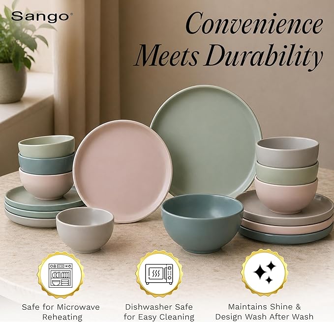 Sango 16-Piece Stoneware Dinnerware Set for 4, Satin Glazed Plates and Bowls Sets with Matte Finish, Ceramic Dish Set, Durable Kitchen Dishes, Microwave & Dishwasher Safe Dining, Rollo Artist's Blend