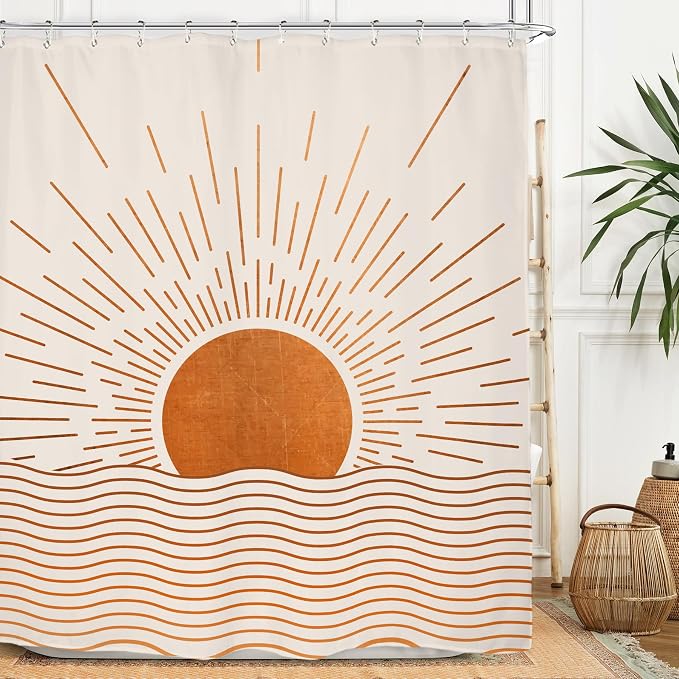 Miyotaa Abstract Sun Shower Curtain Set 60Wx71H Inches Burnt Orange Sunrise Sunset Mid Century Retro Vintage Minimalist Aesthetic Waterproof Bathroom Curtain with 12 Hooks
